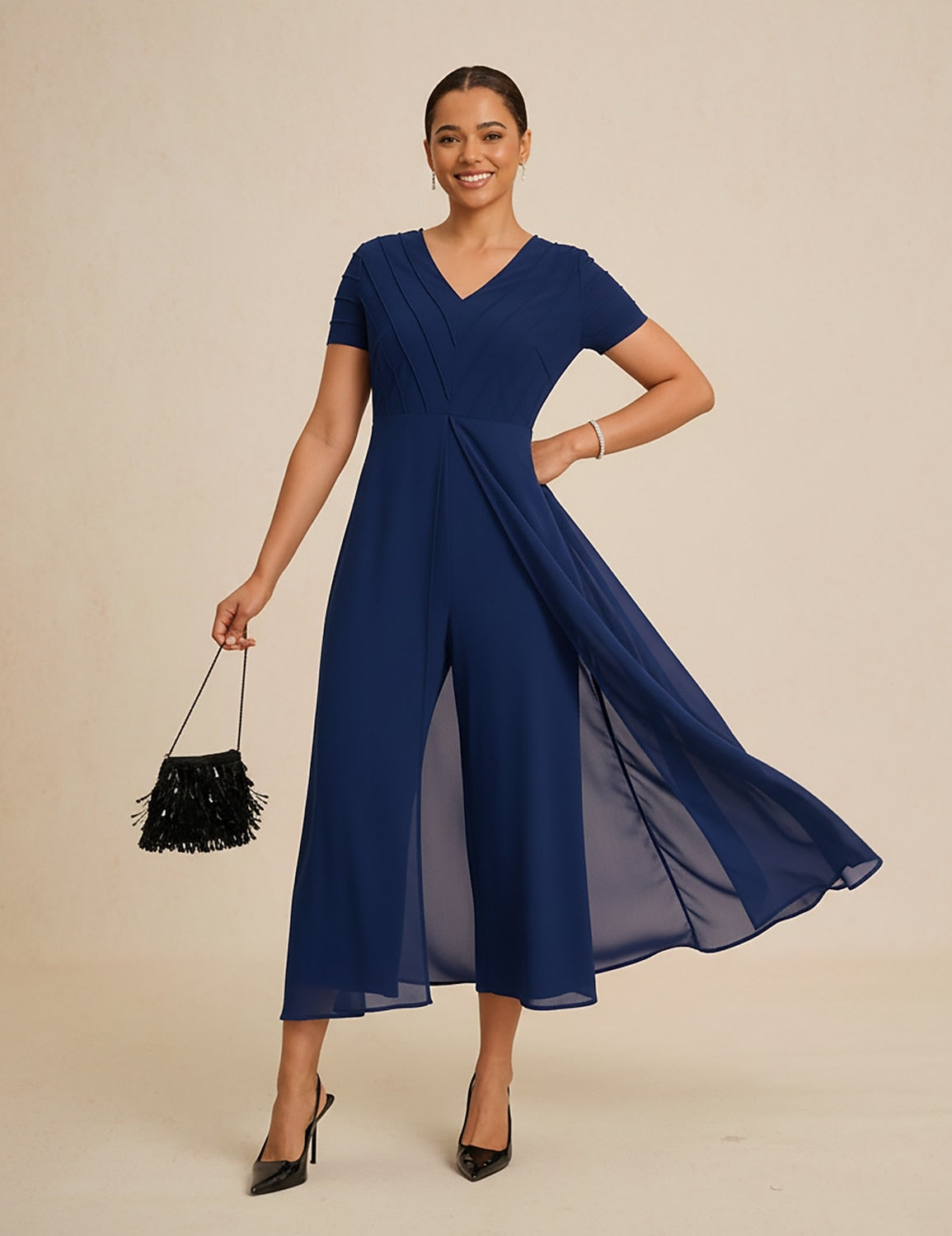 Paneled Design Faux Flowy Sheer Stretch Fabric Jumpsuit