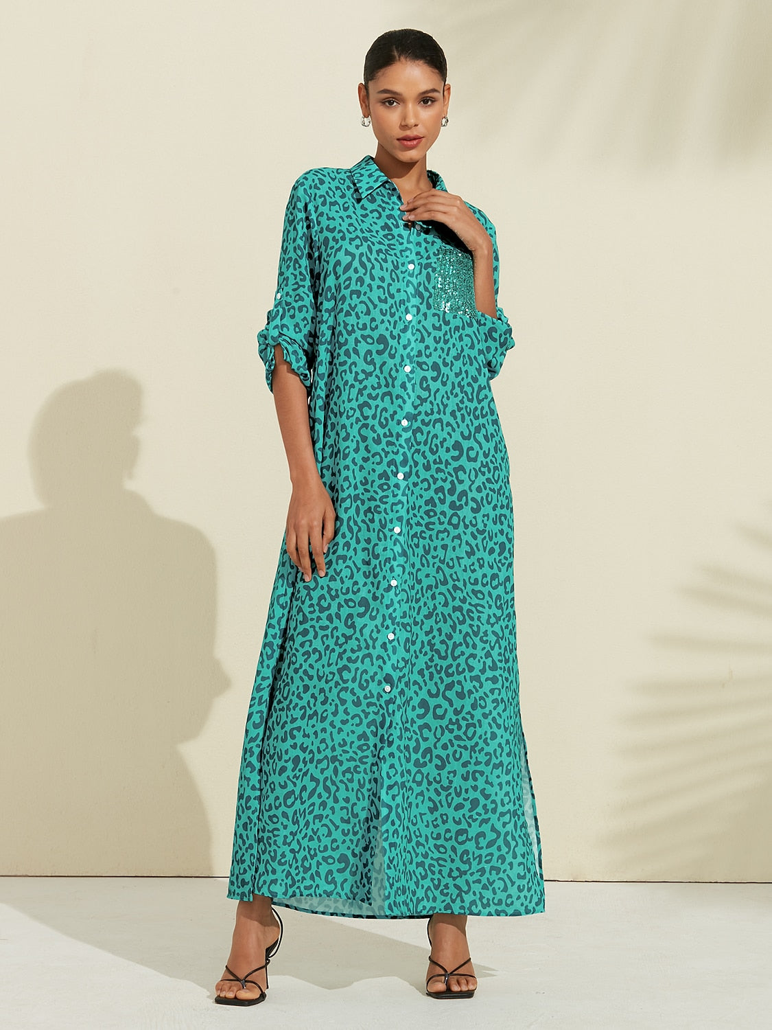 Shirt Maxi Dress Roll up Sequin Collar Leopard Print