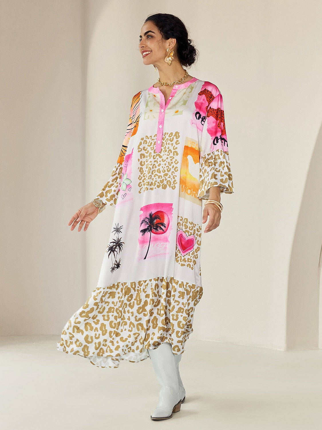 Satin Leopard Print Button Up Maxi Dress