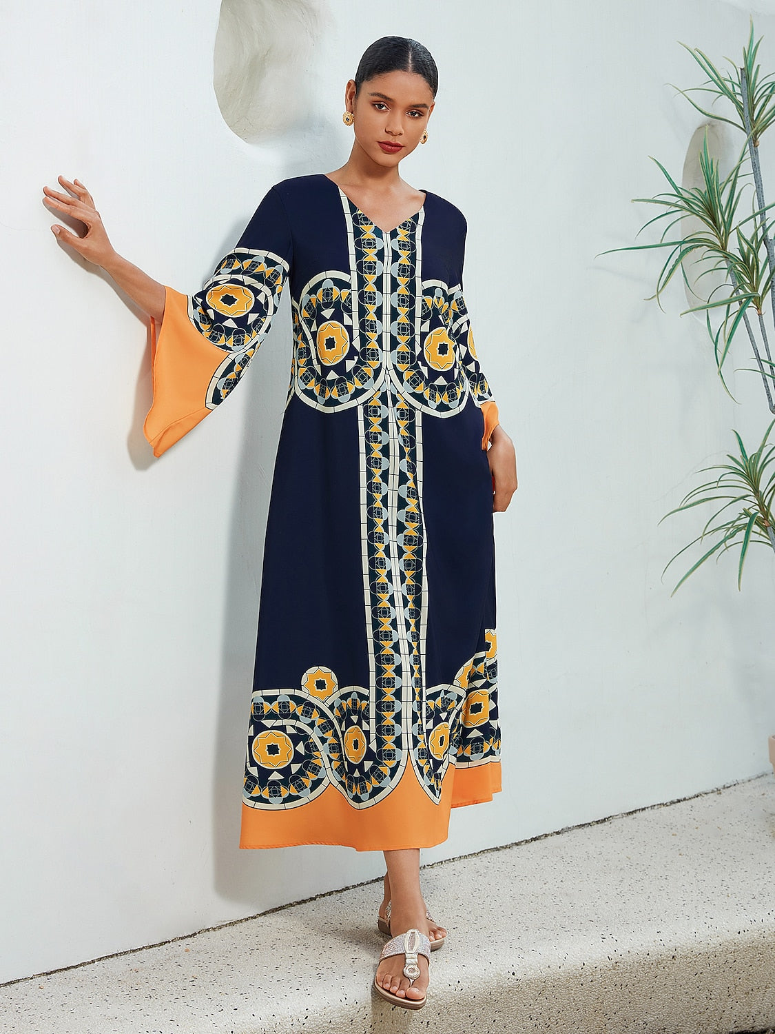 Satin Folk Print Maxi Dress