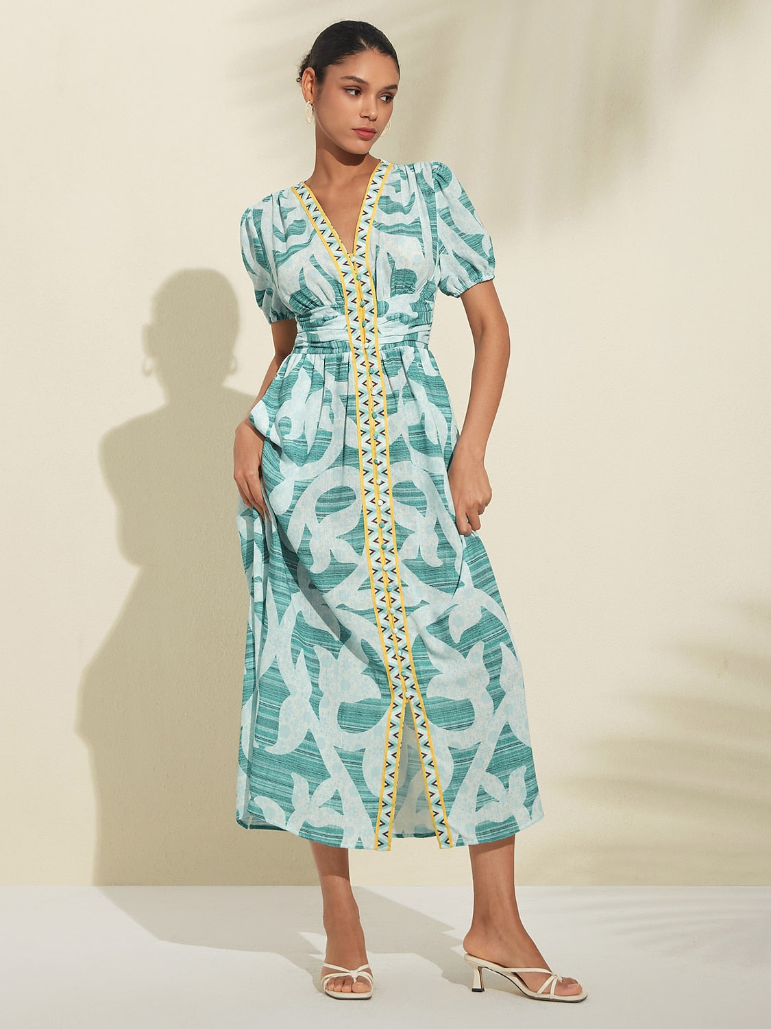 Puff Sleeve V Neck Maxi Dress