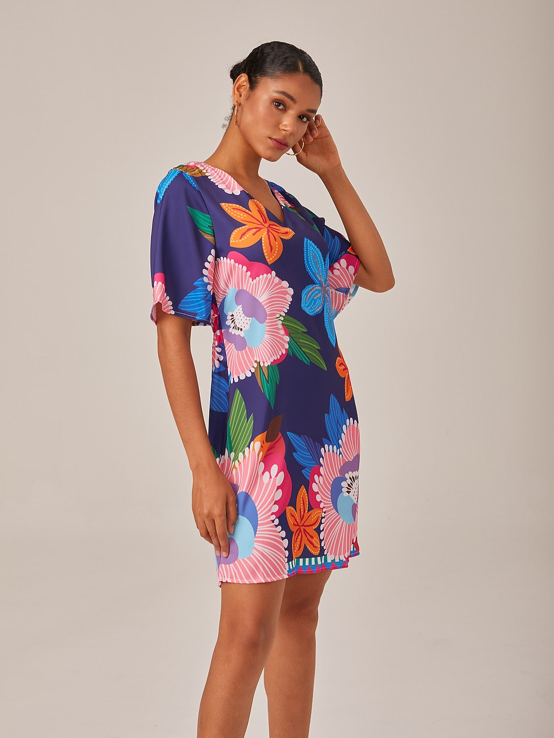 Satin Mini Dress  Floral Print Straight Fit Slimming Elastic Back     Dress