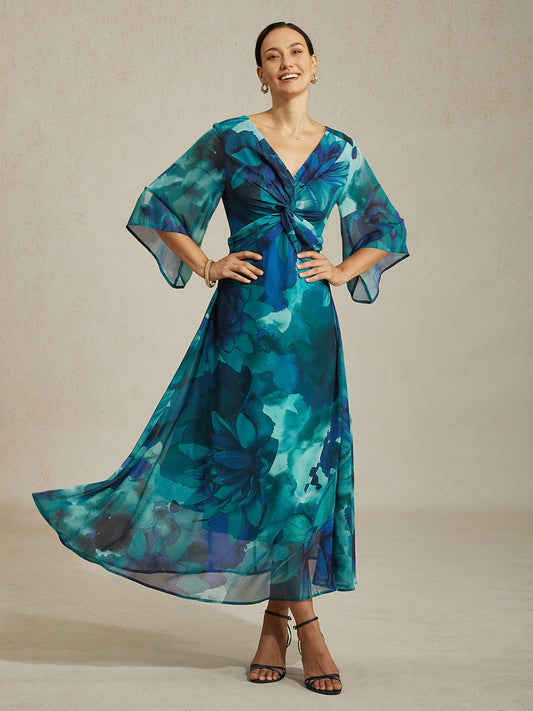 Maxi Dress Green Abstract Floral Print Twist Knot