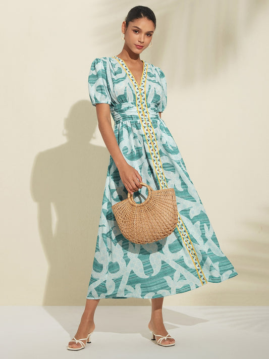 Puff Sleeve V Neck Maxi Dress