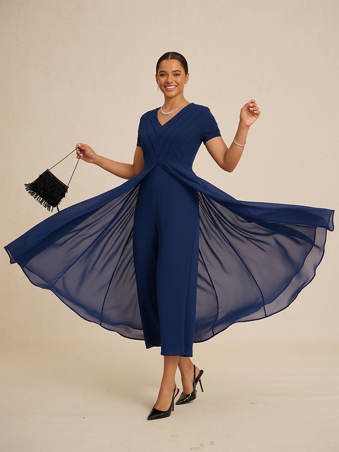 Paneled Design Faux Flowy Sheer Stretch Fabric Jumpsuit