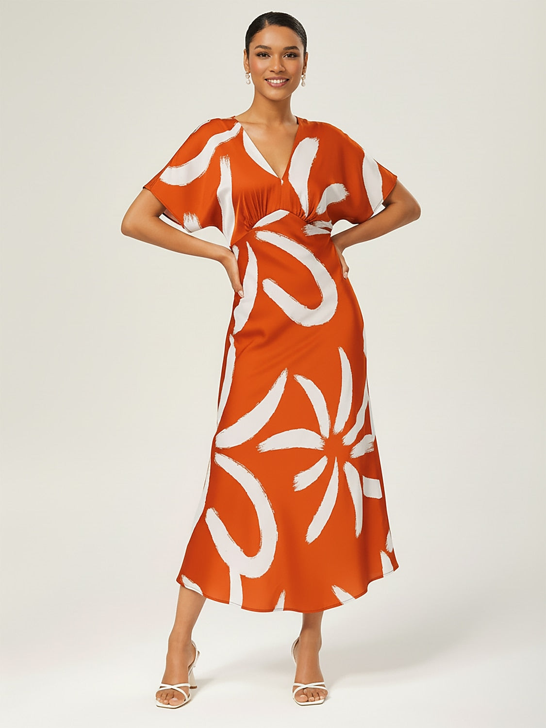 Maxi Dress Coffee Abstract Floral Print Satin