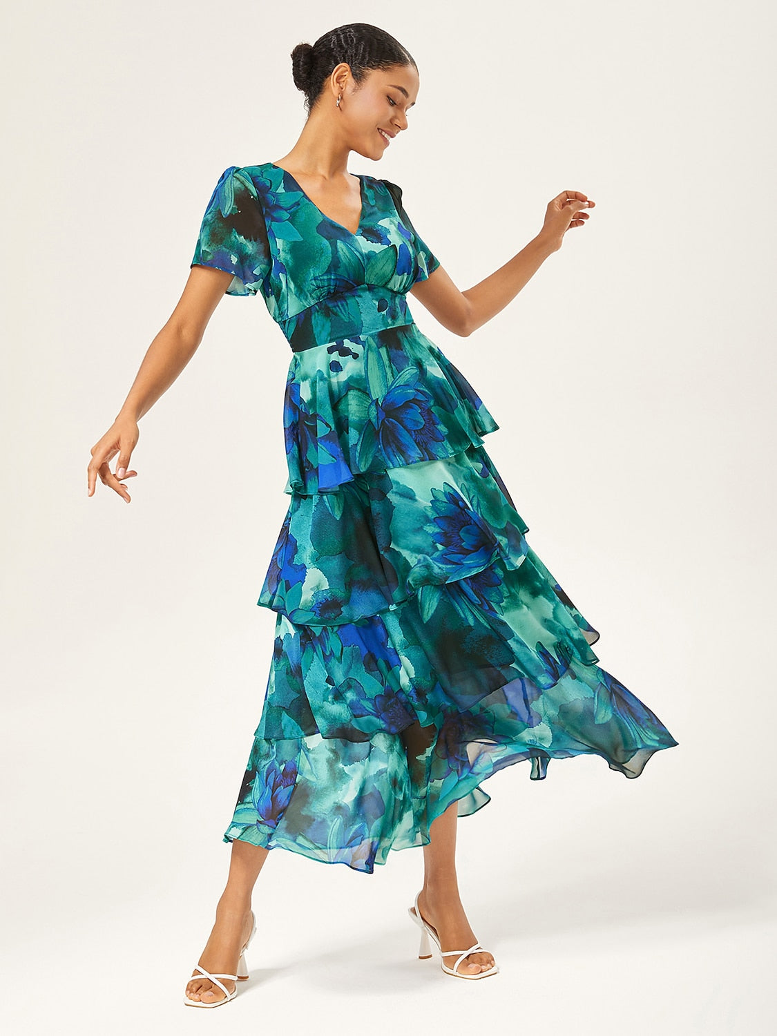 Floral Chiffon Maxi Dress A Line Tiered Ruffle Cake