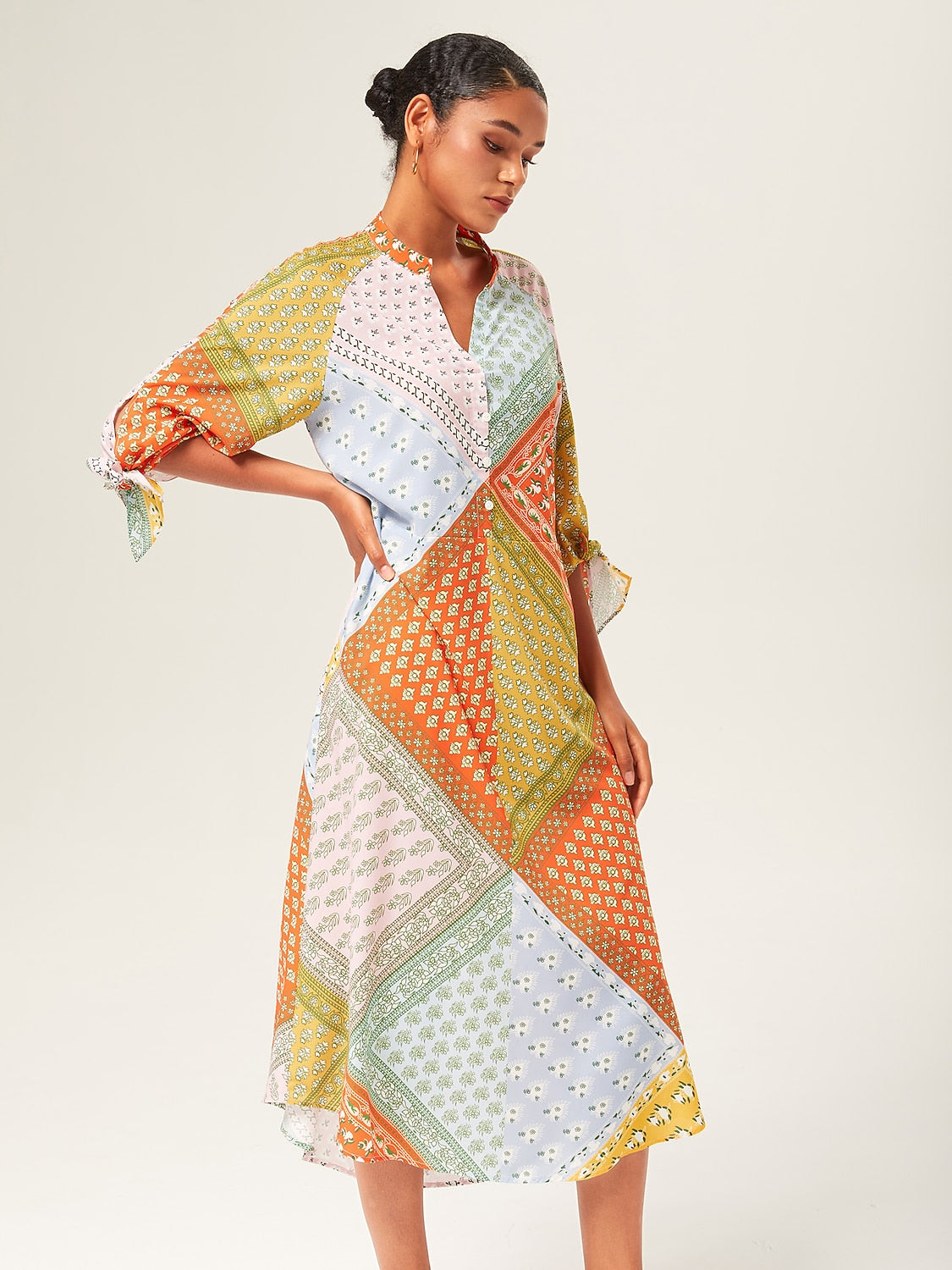 Maxi Dress Colorful Silk Scarf Printed Tie