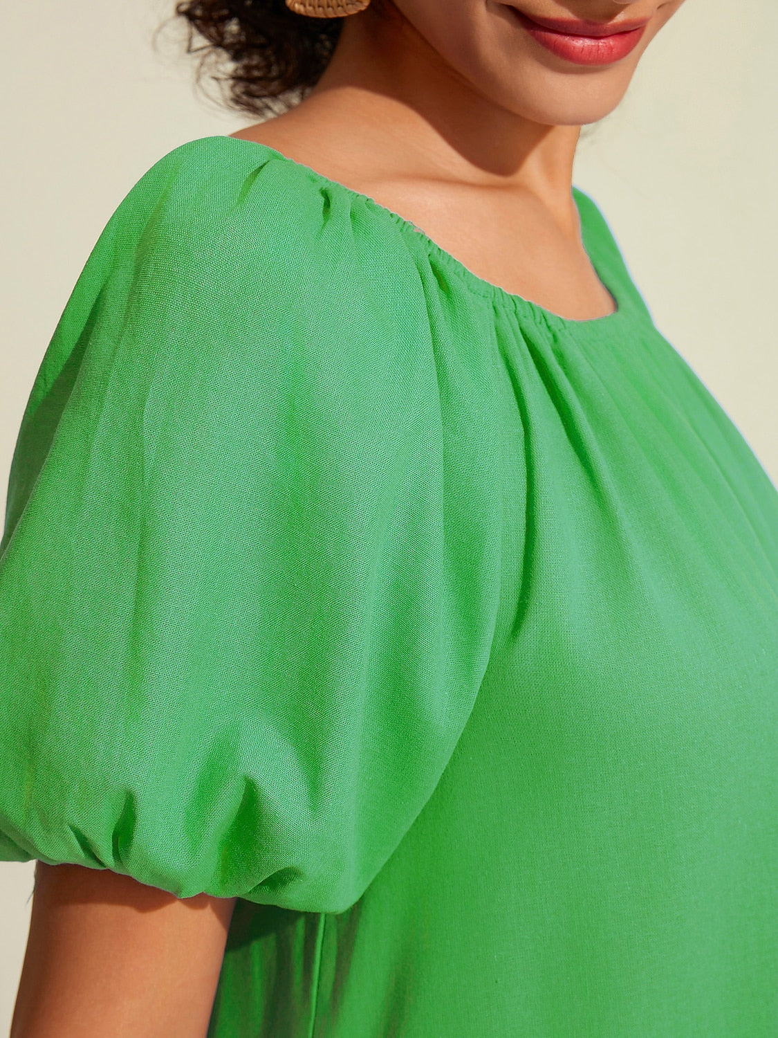 Cotton Resort Maxi Dress Loose Fit Off-Shoulder Puff