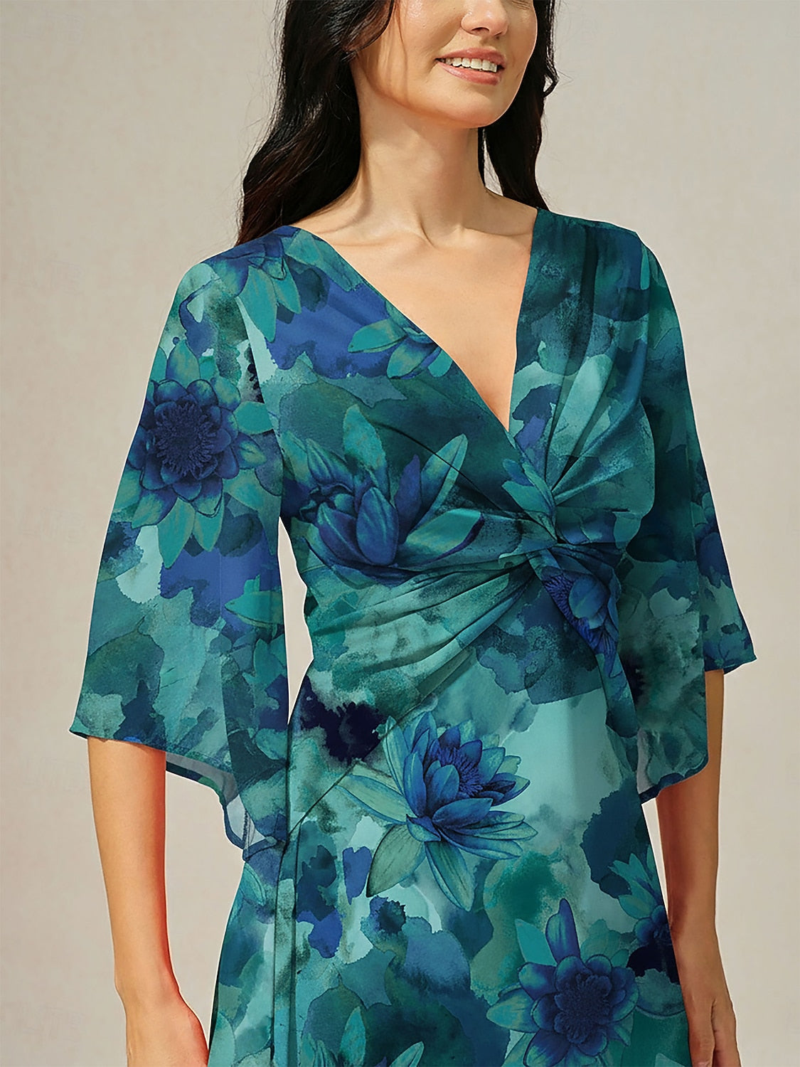 Maxi Dress Green Abstract Floral Print Twist Knot