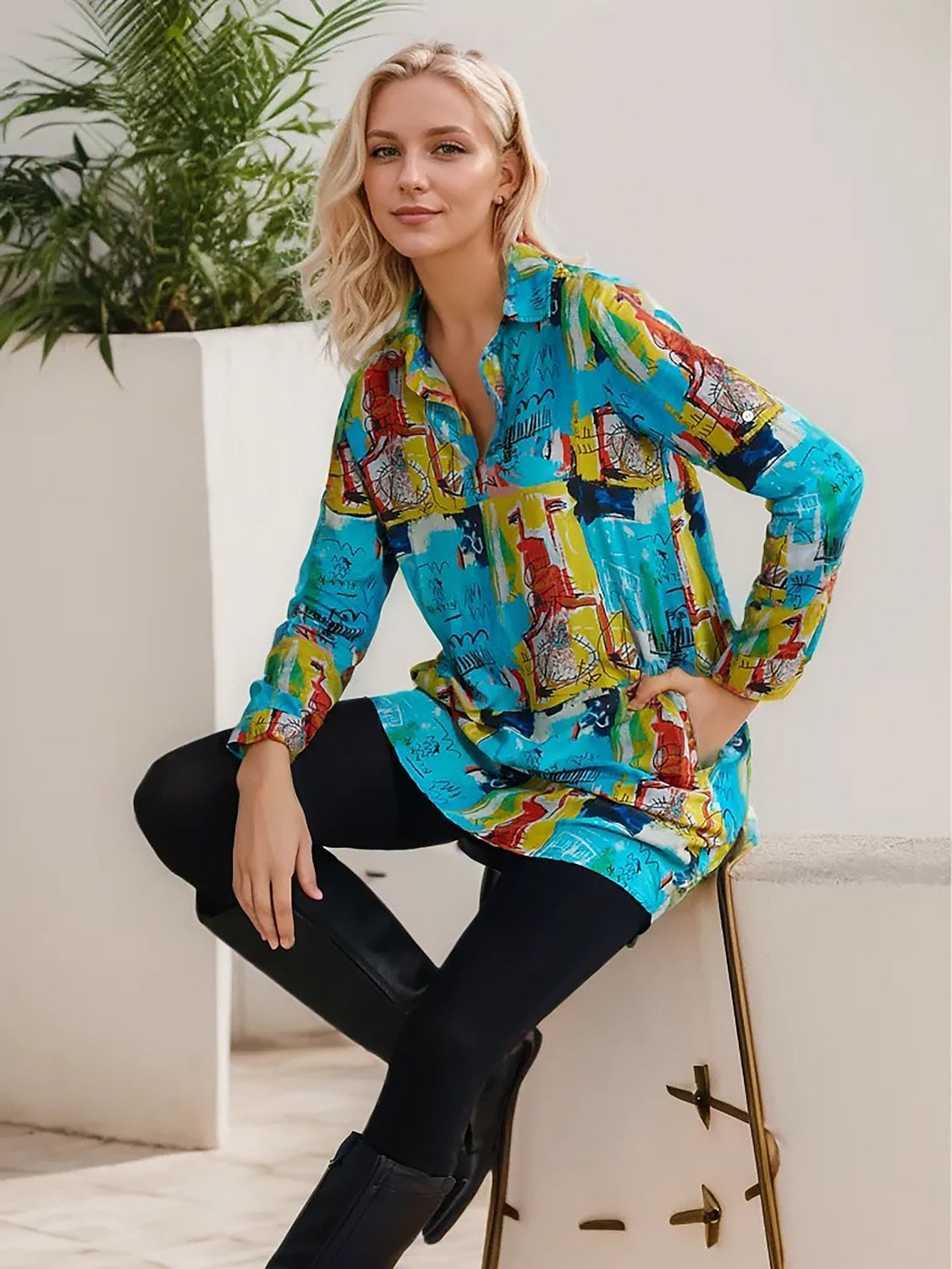 Rayon Graffiti Cuff Lapel Mini Shirt Dress