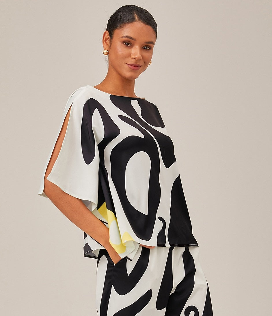 Satin Silk Shirt Color Combo Magyar Black Flowy Graphic