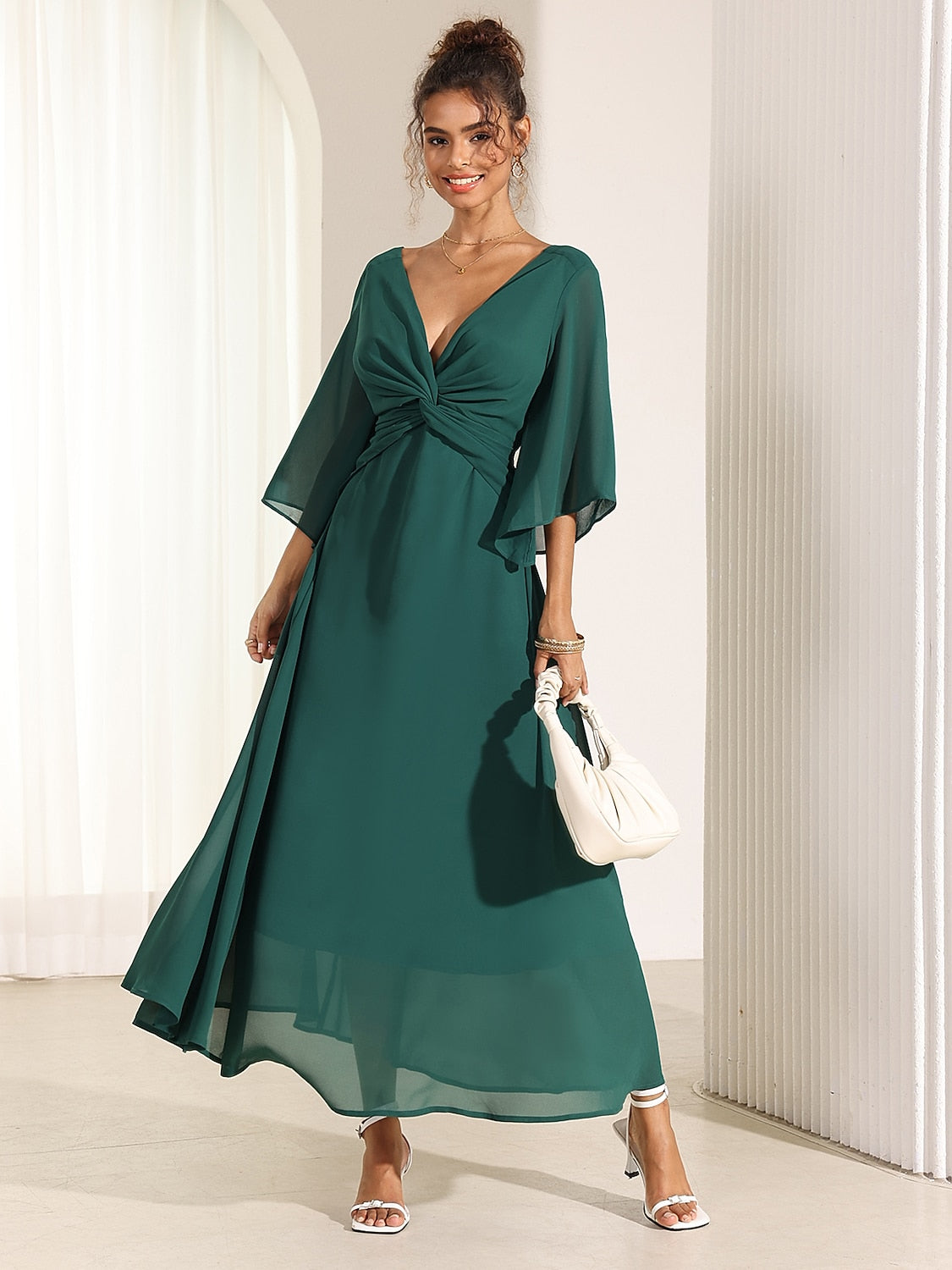 Chiffon Plain Ruffle Twisted Maxi Dress