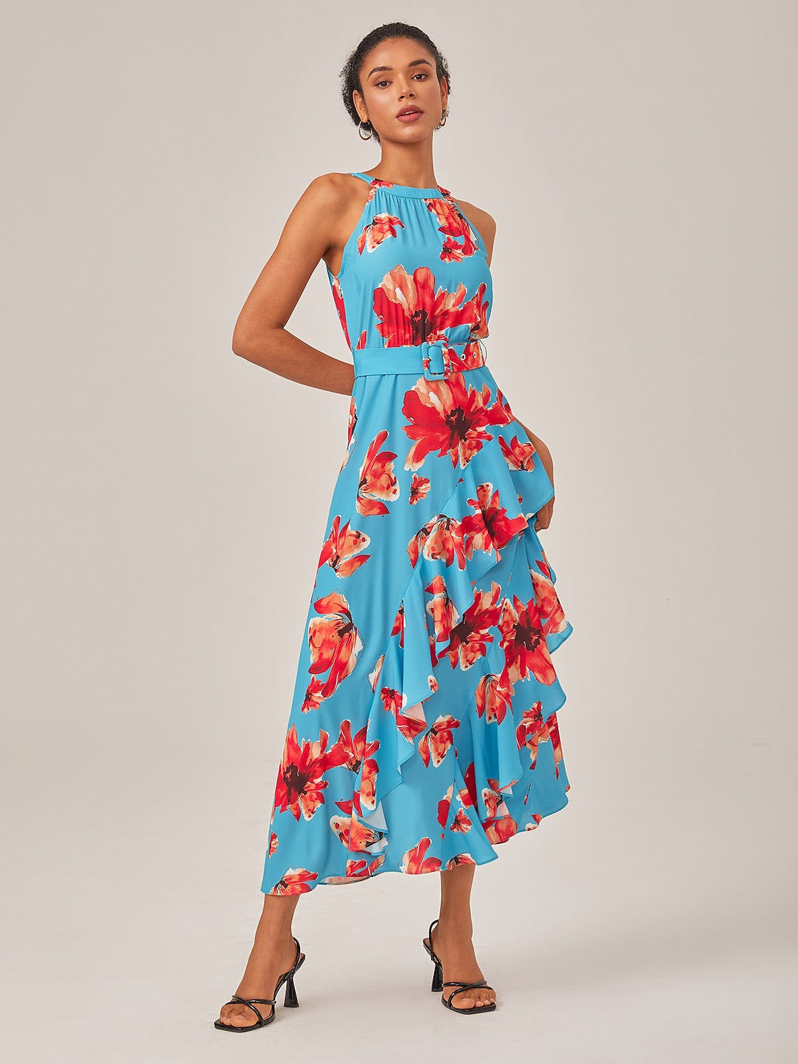 Floral Ruffle Chiffon Maxi Dress