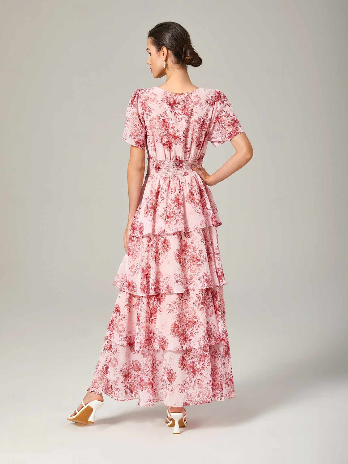 Floral Chiffon Maxi Dress A Line Tiered Ruffle Cake