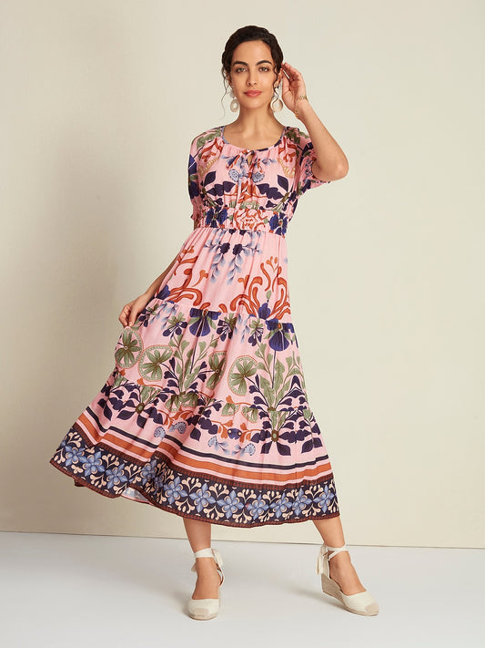 Floral Lace Up Short Midi Dress