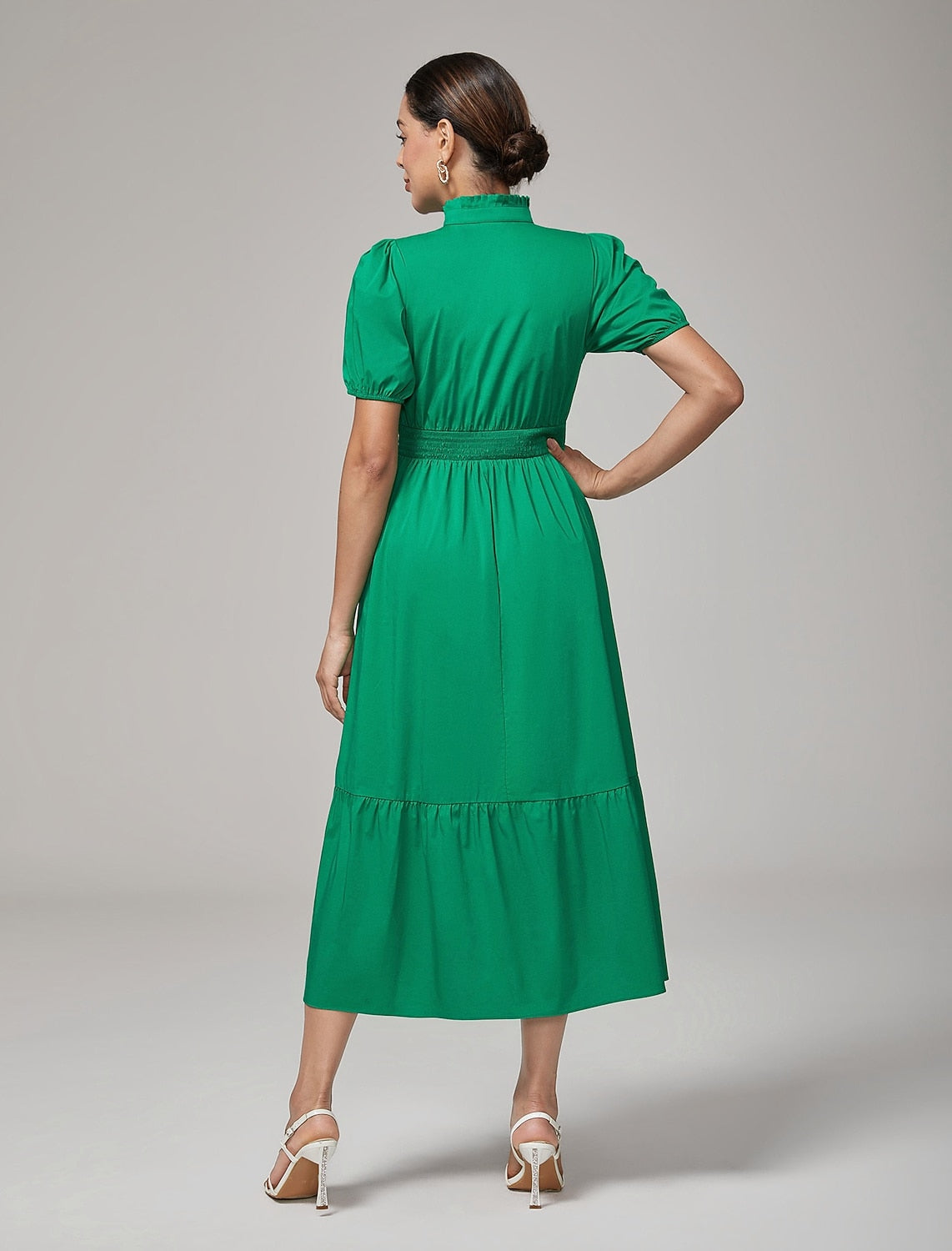 Deep Moss Green Cotton Puff  Dress