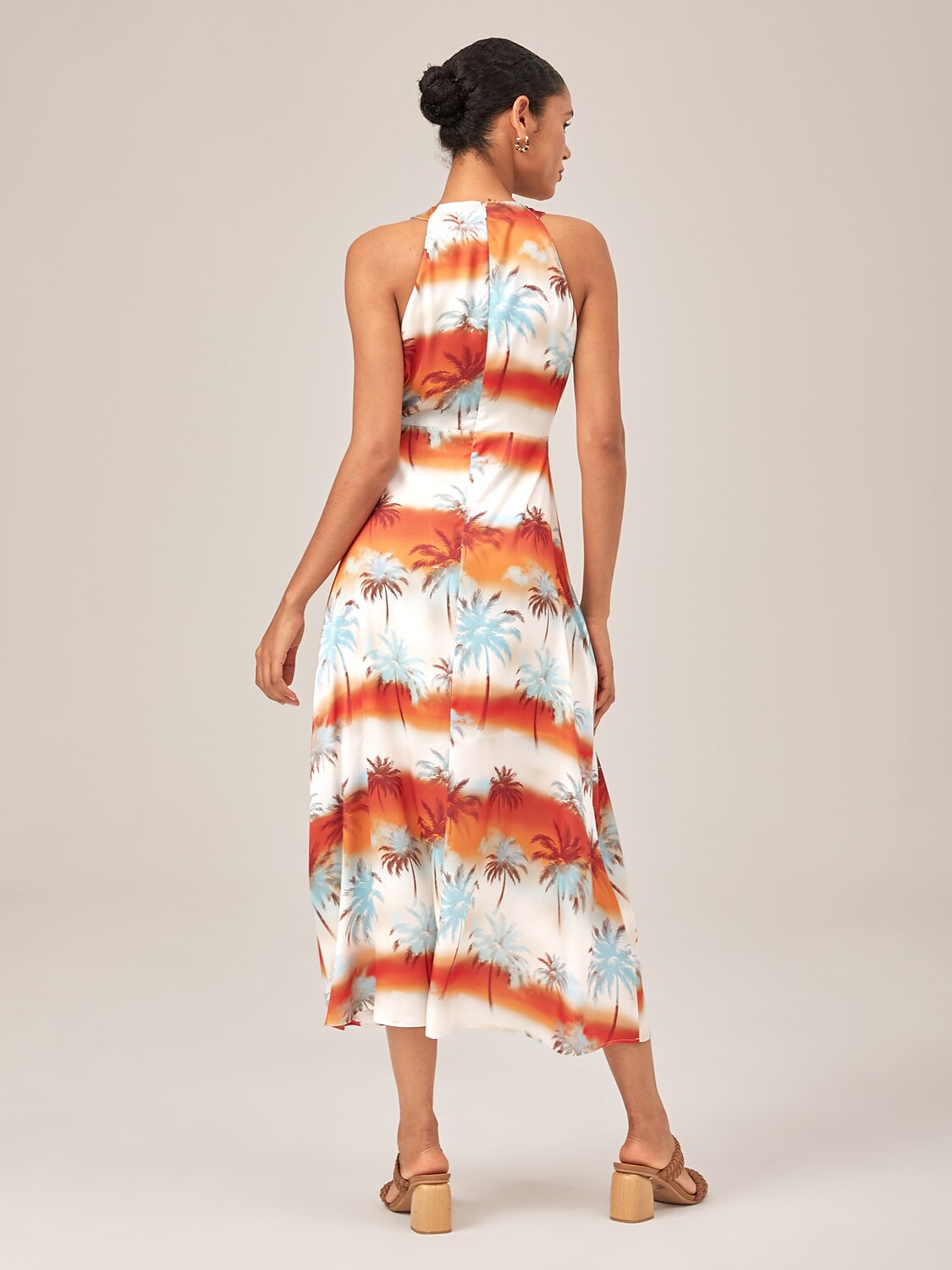 Palm Tree Sunset Print Halter Neck Maxi Dress