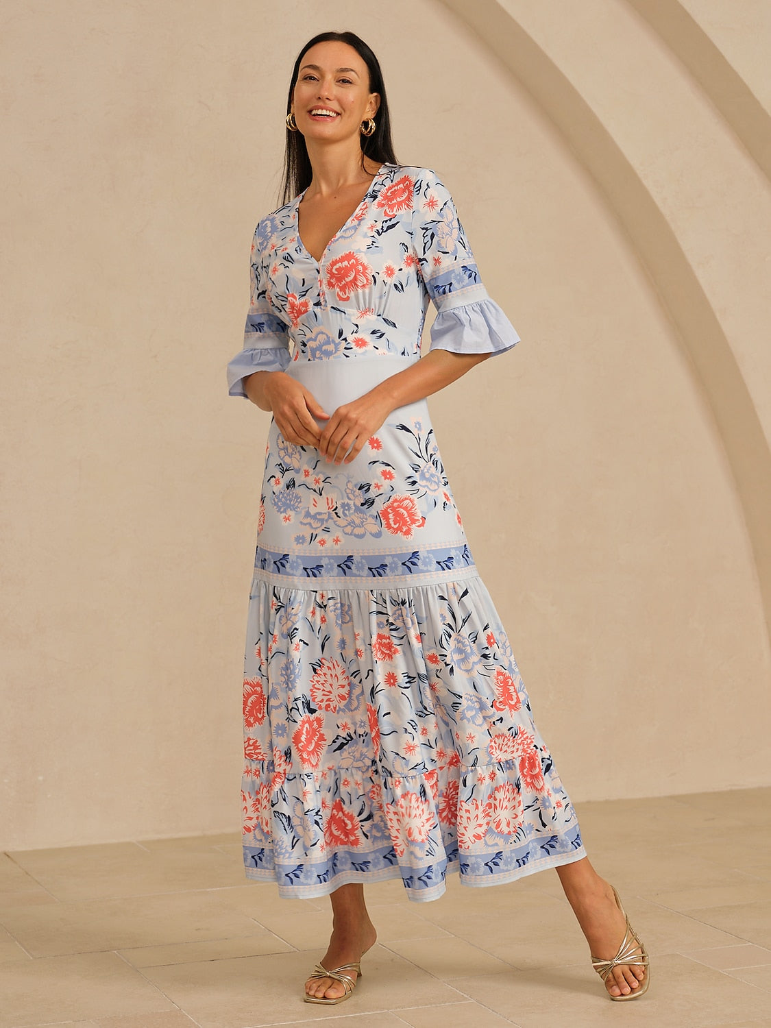 Maxi Dress Satin Floral Printing