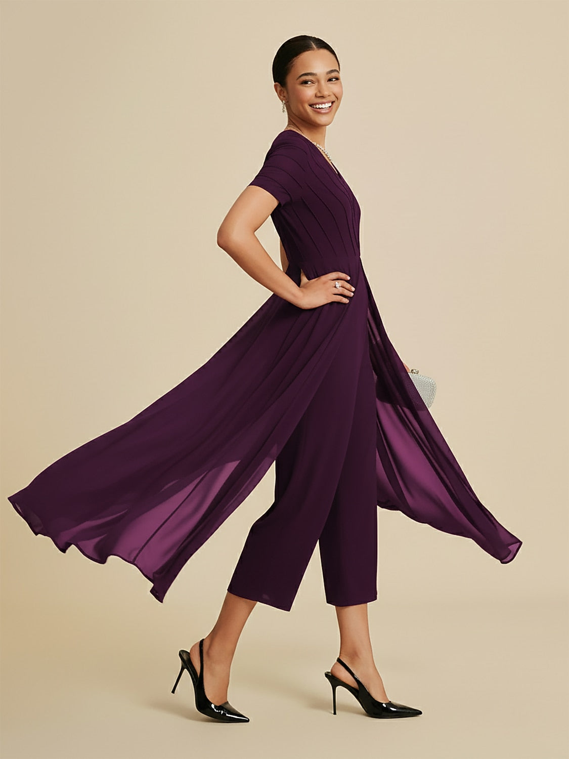 Paneled Design Faux Flowy Sheer Stretch Fabric Jumpsuit