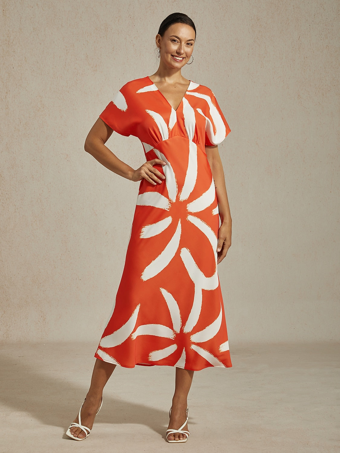 Maxi Dress Coffee Abstract Floral Print Satin