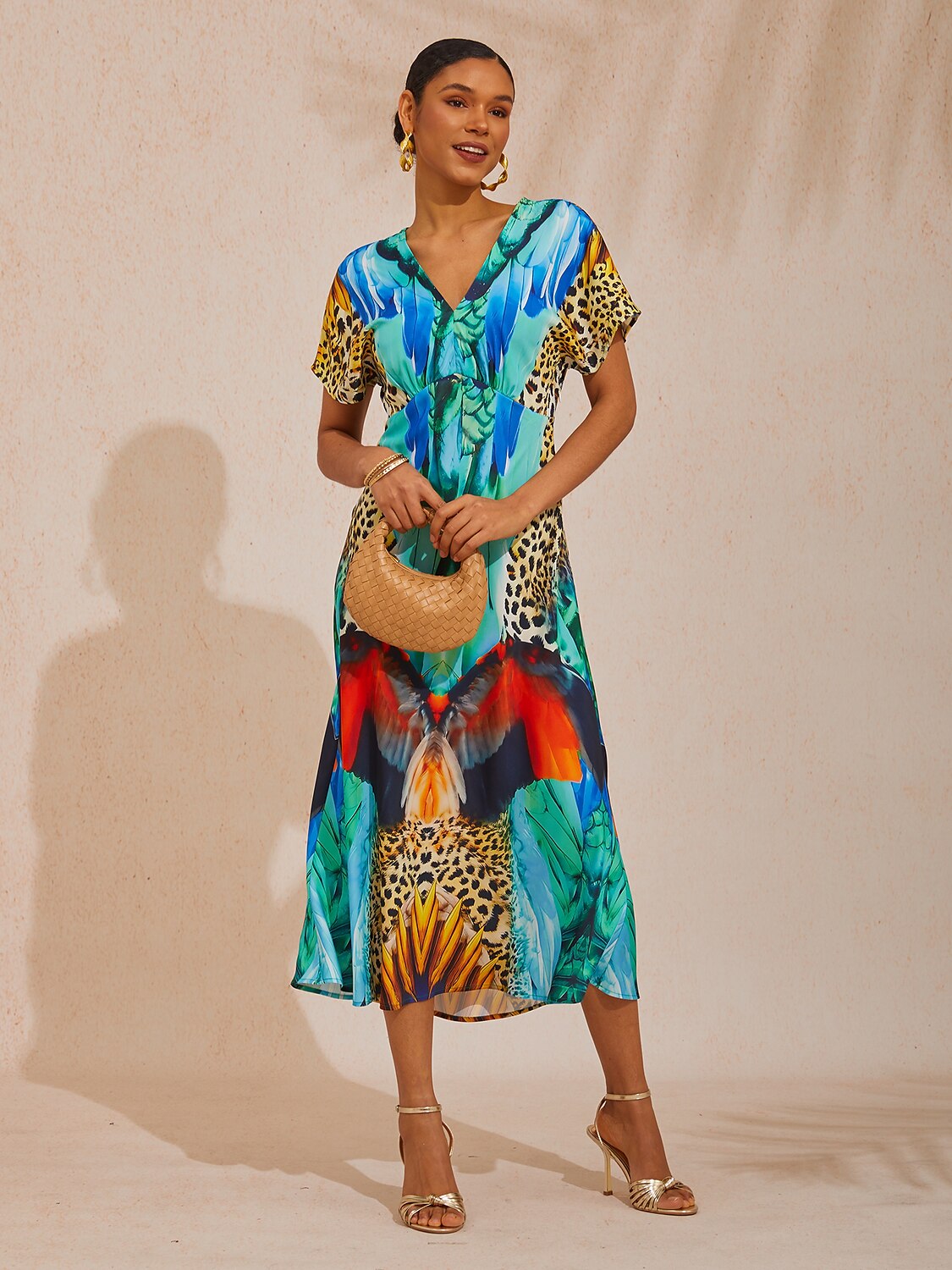 Vacation Jungle Beast Print Fitted Waist Satin Maxi Dress