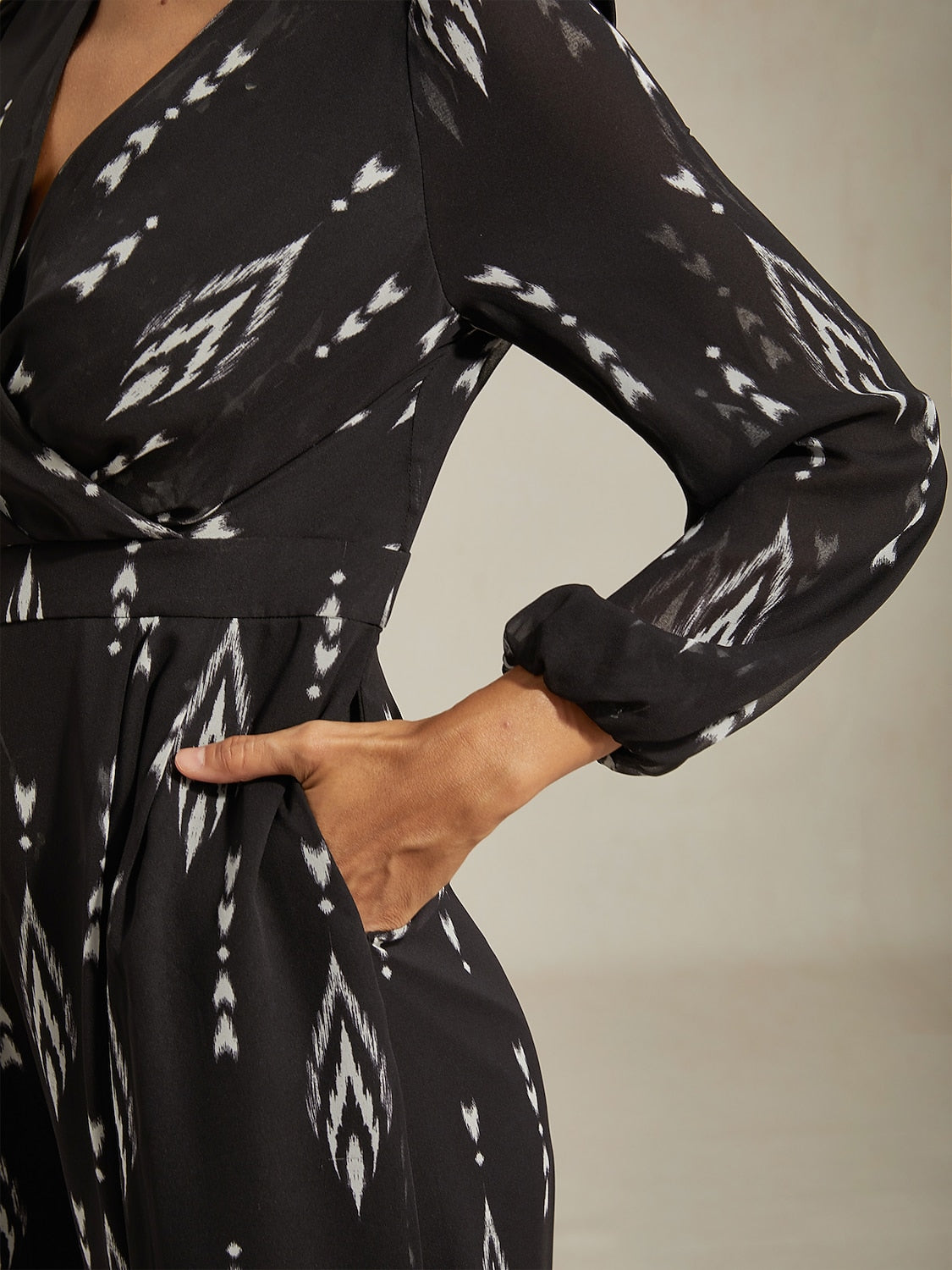 Jumpsuit Black Chiffon Printed Wide Leg Waist Cinching
