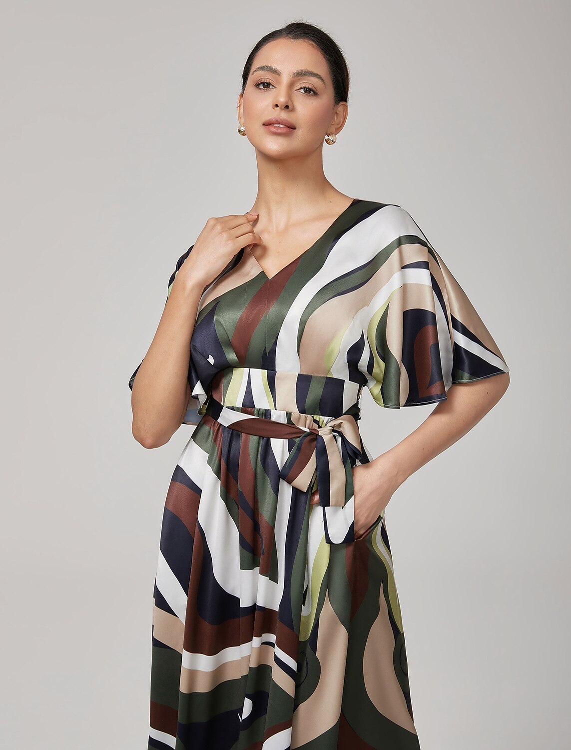 Camouflage Satin V-Neck Cinched Dress