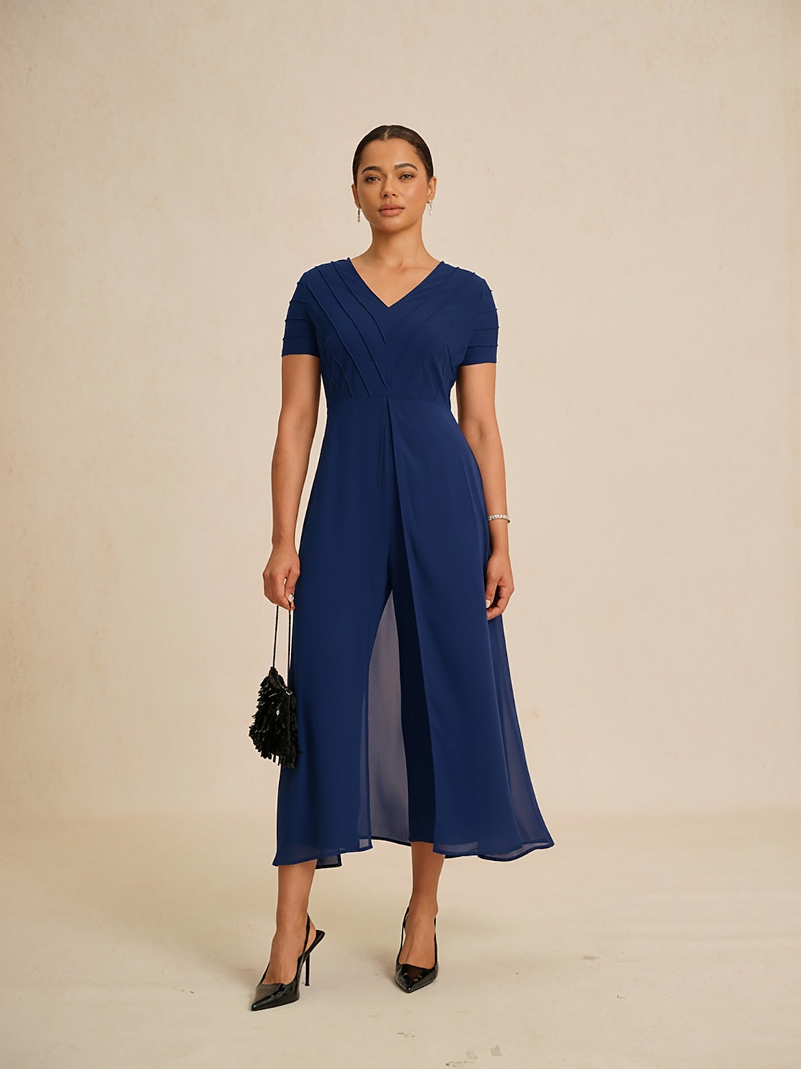 Paneled Design Faux Flowy Sheer Stretch Fabric Jumpsuit