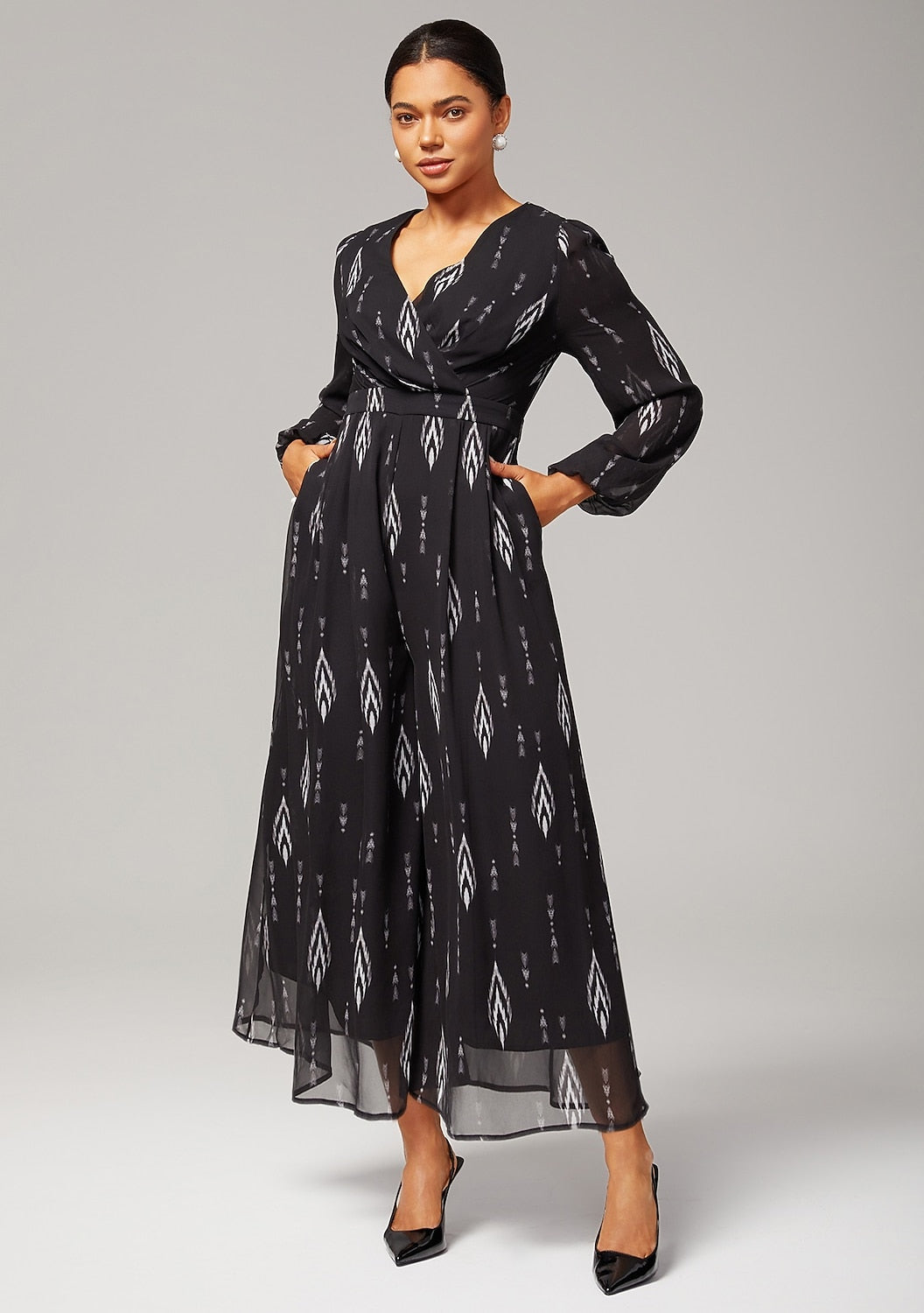 Jumpsuit Black Chiffon Printed Wide Leg Waist Cinching