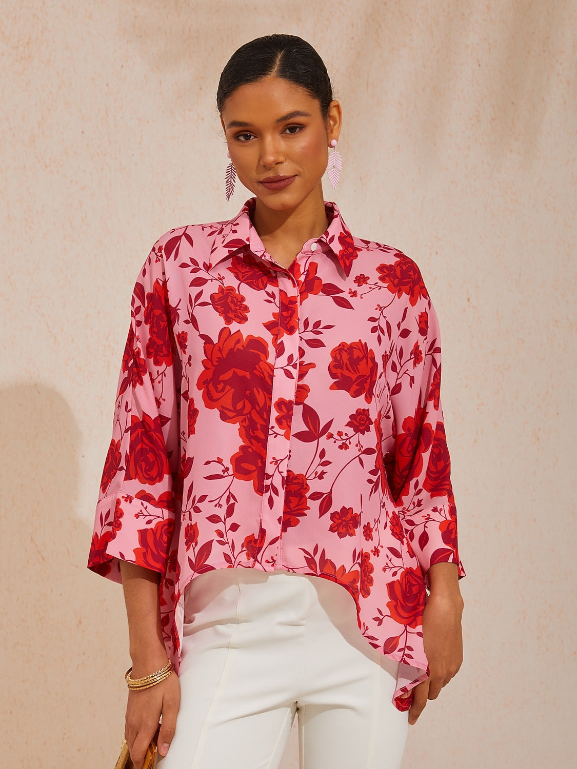 Vacation Floral Print Asymmetrical Dolman Sleeve Chiffon Shirt