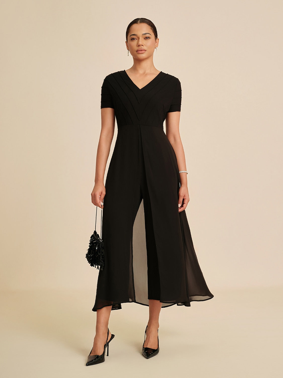 Paneled Design Faux Flowy Sheer Stretch Fabric Jumpsuit
