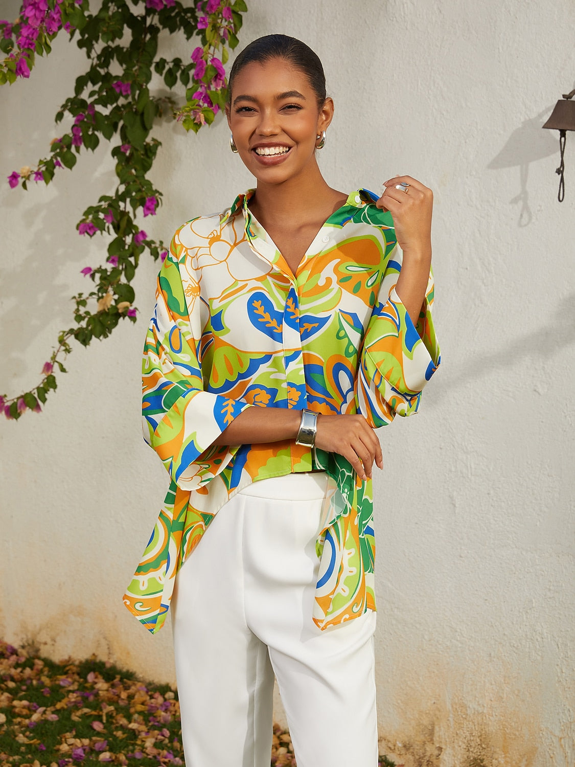 Vacation Green Floral Dolman Sleeve High Low Chiffon Short Shirt