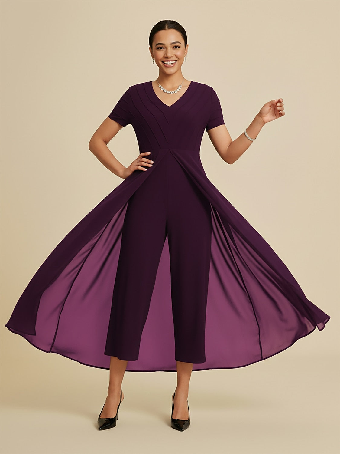 Paneled Design Faux Flowy Sheer Stretch Fabric Jumpsuit