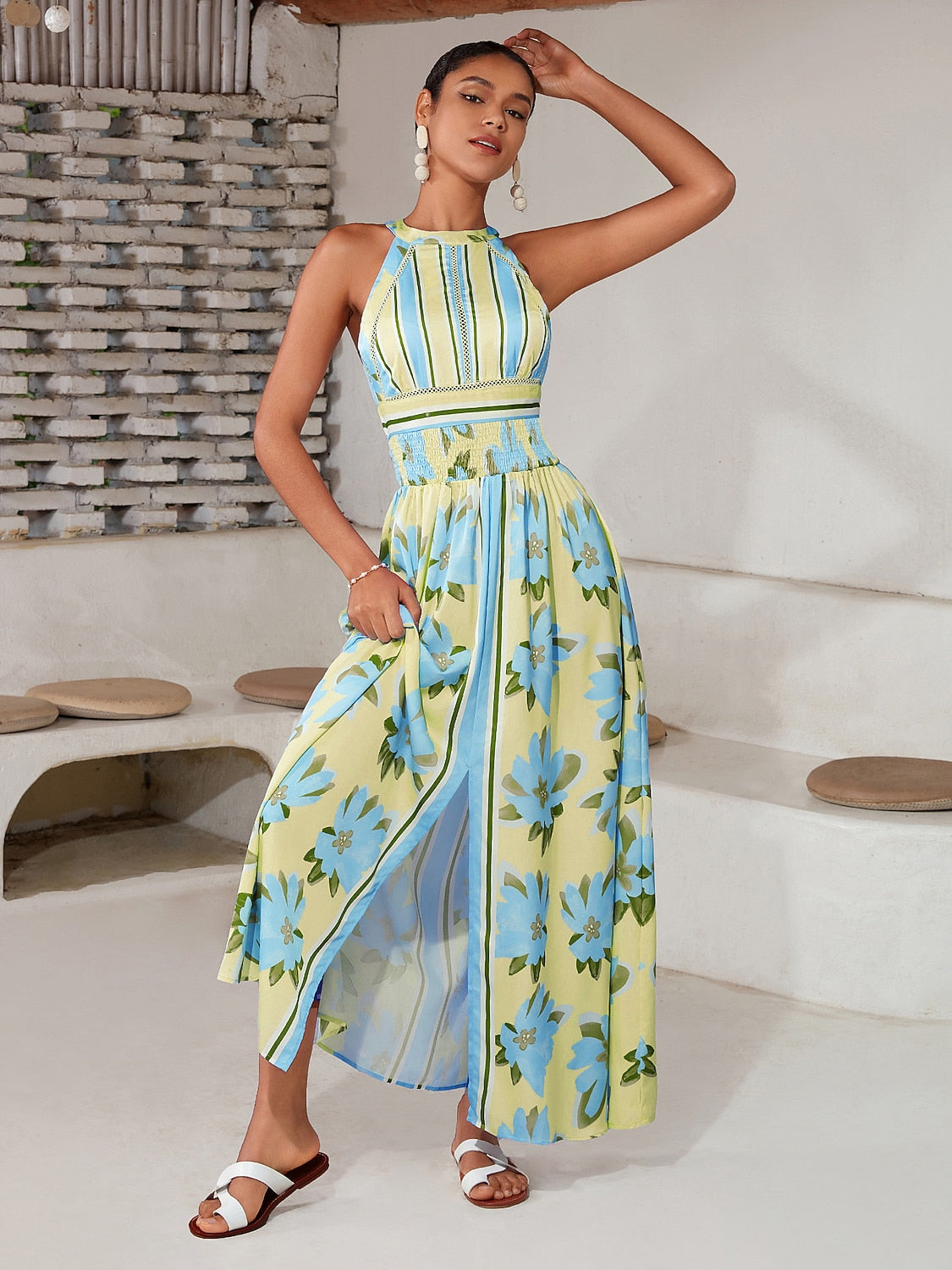 Satin Print Halter Backless Maxi Dress
