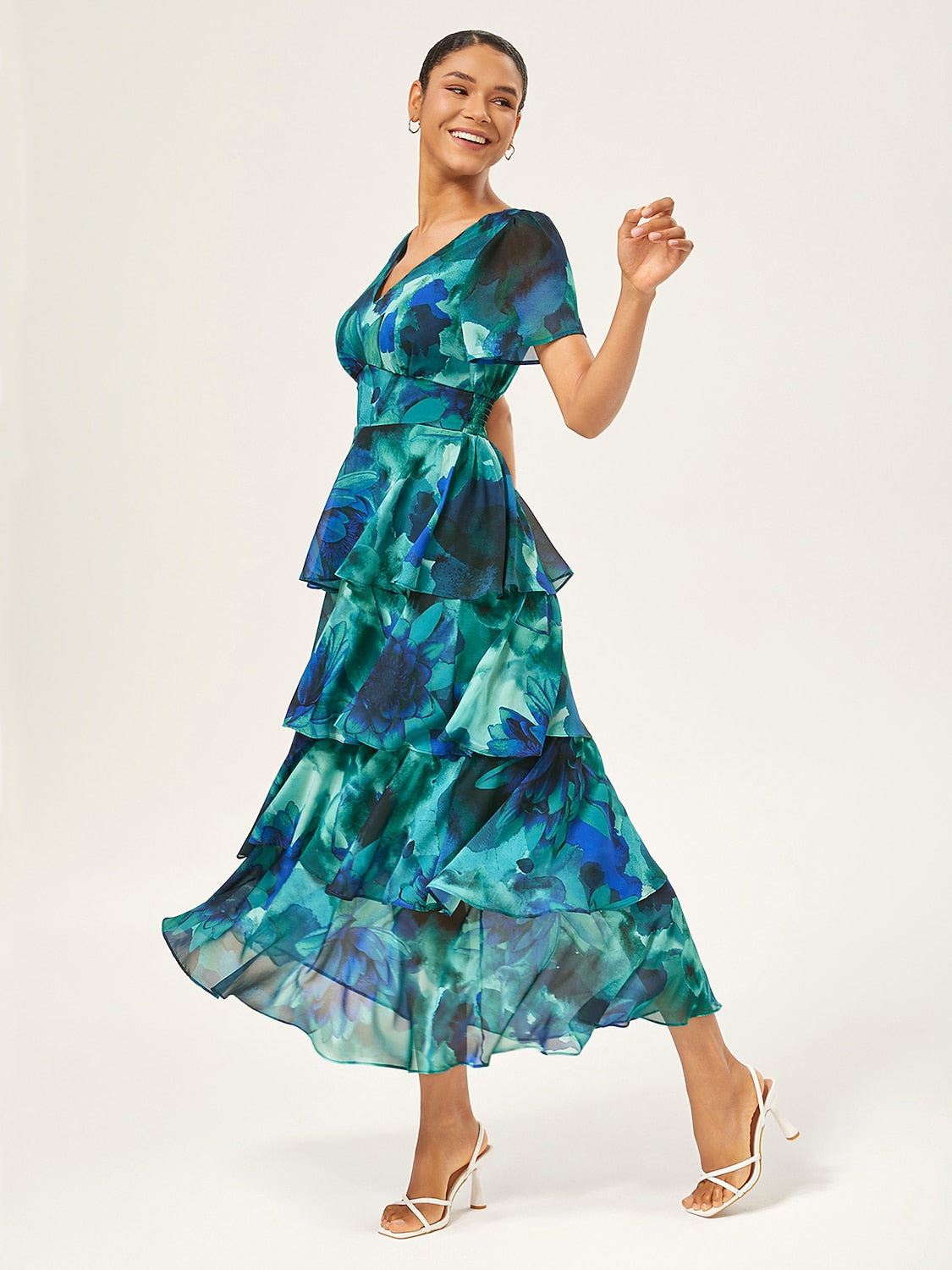 Floral Chiffon Maxi Dress A Line Tiered Ruffle Cake