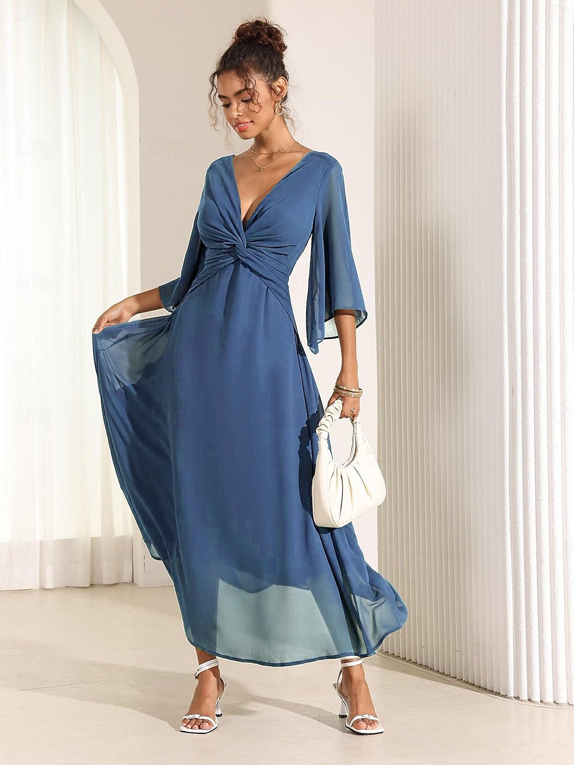 Chiffon Plain Ruffle Twisted Maxi Dress