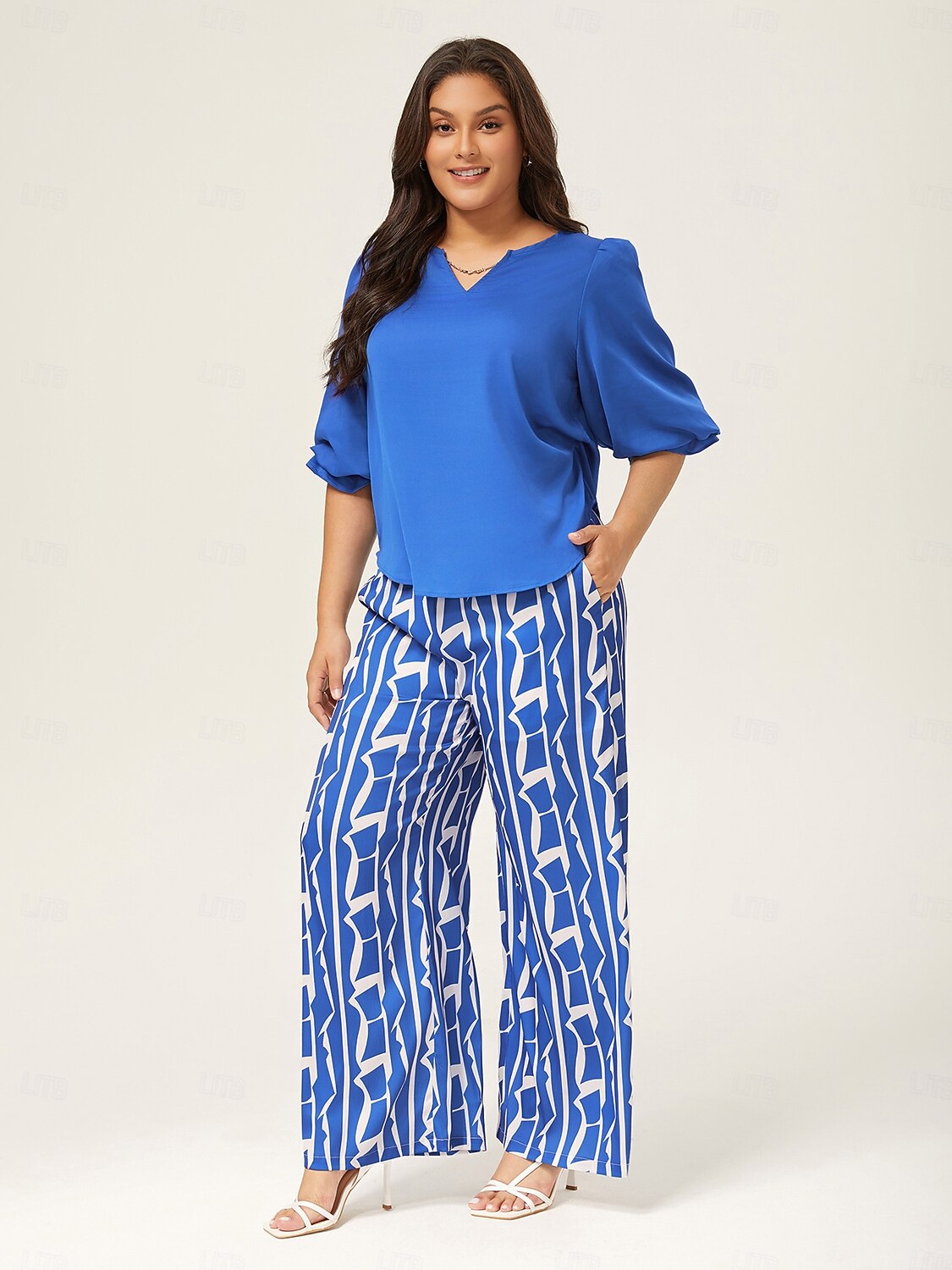 Satin Vacation-Style Solid Blue V-Neck Ruched Top