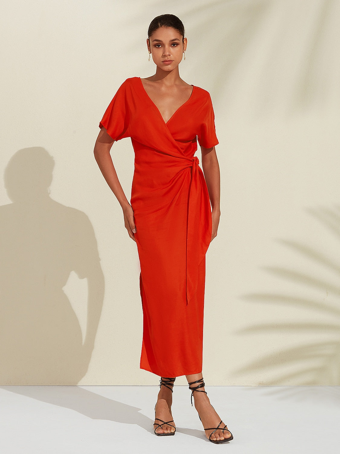 Tencel Linen Orange Red  Shirred Wrap Midi Dress