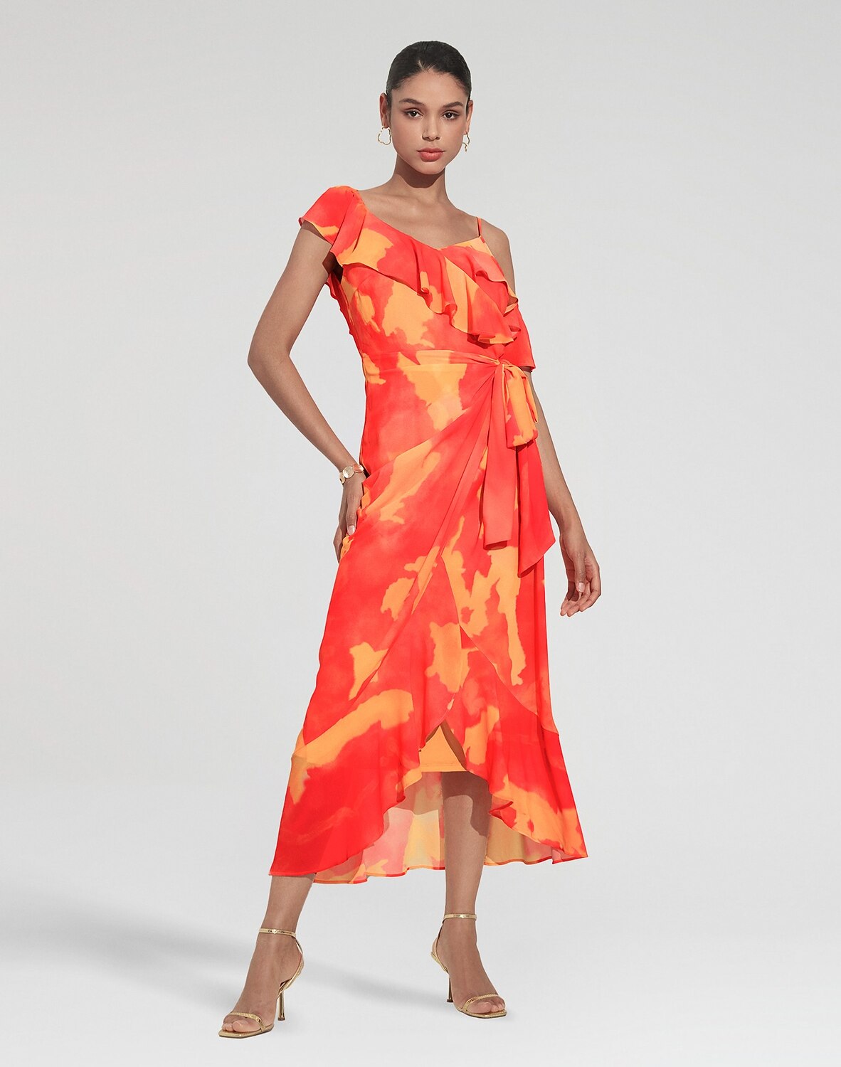 Orange Abstract Print Asymmetrical Ruffle Chiffon Dress