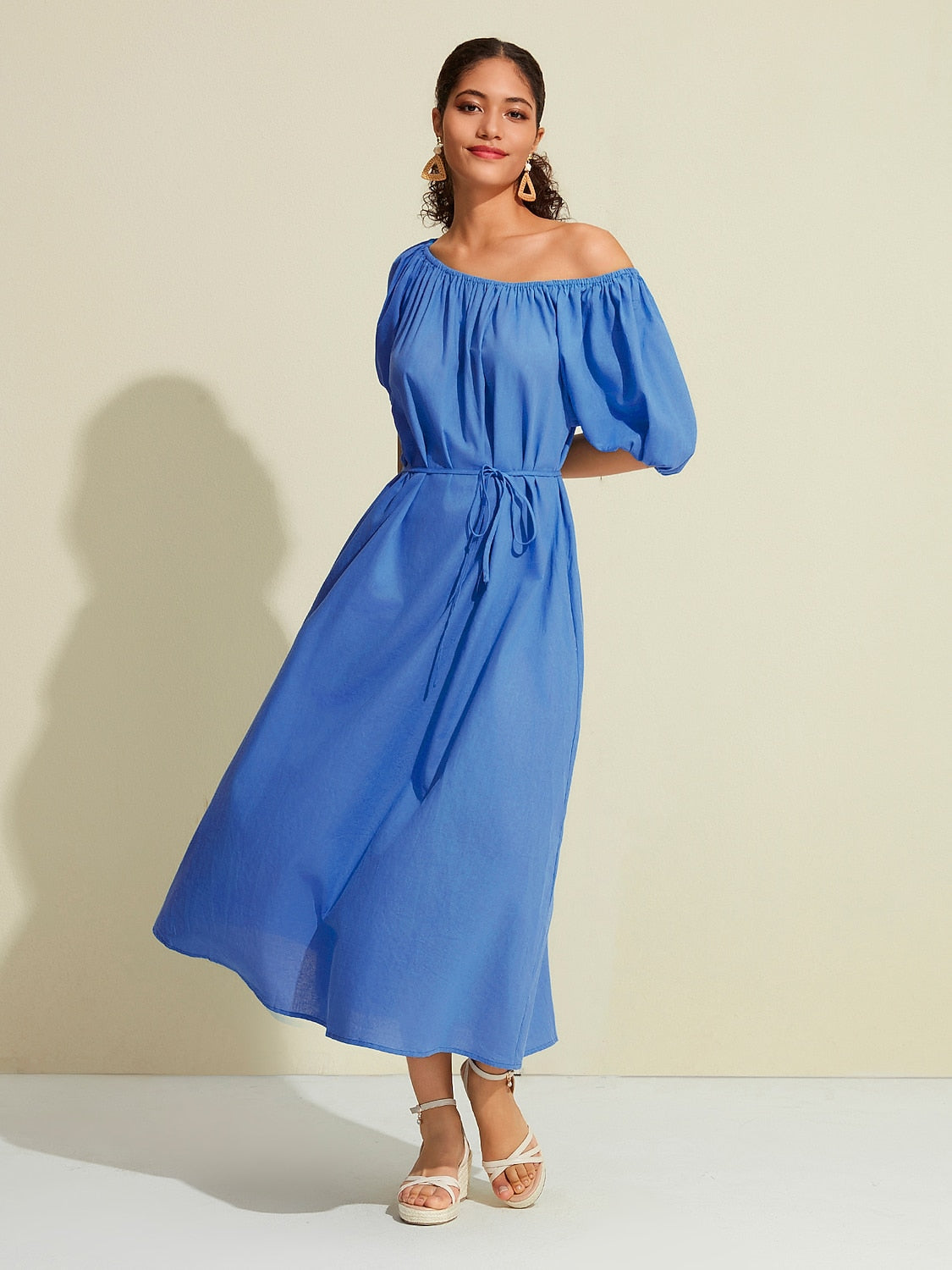 Cotton Resort Maxi Dress Loose Fit Off-Shoulder Puff