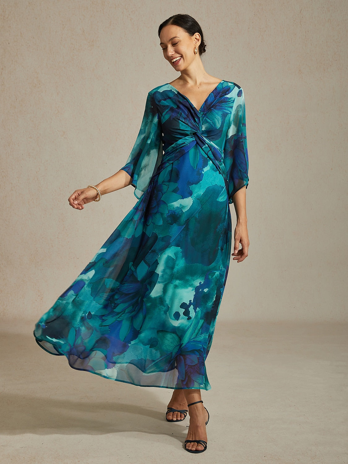 Maxi Dress Green Abstract Floral Print Twist Knot