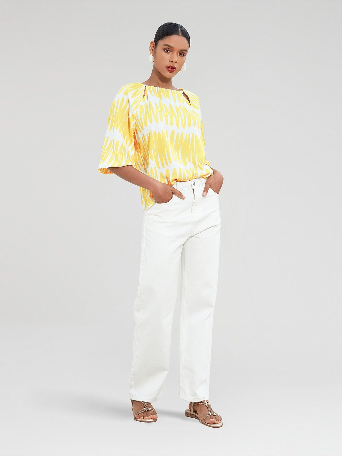 Satin Puff Hollow Out Raglan Shirt