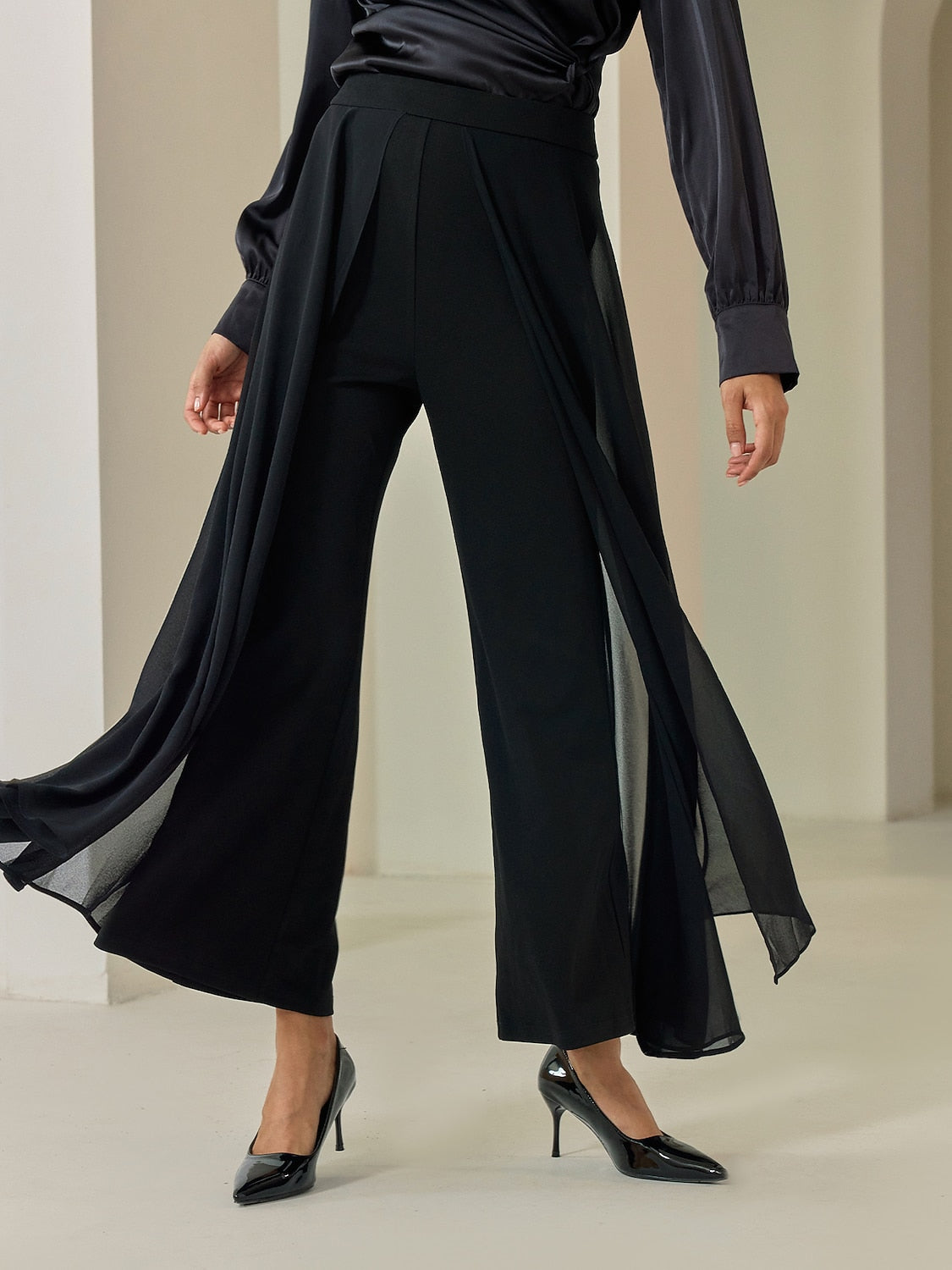 Black Full Length Chiffon High Elasticity Palazzo Pants