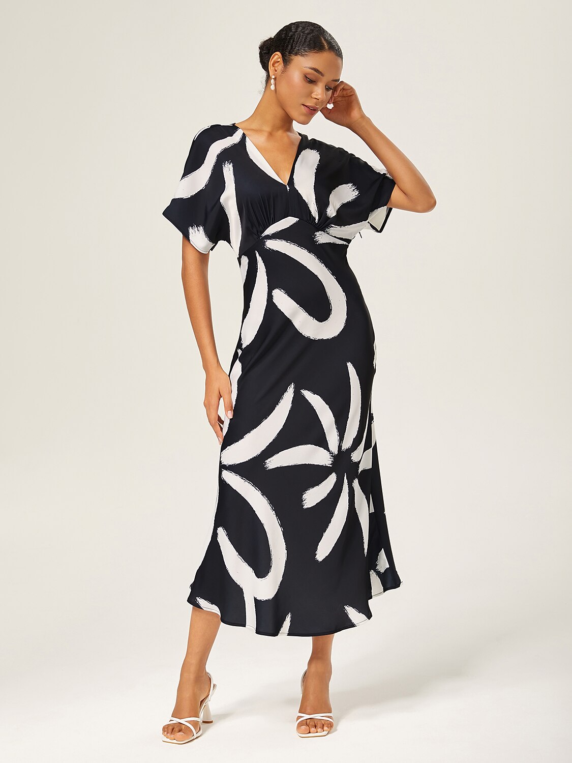 Maxi Dress Coffee Abstract Floral Print Satin