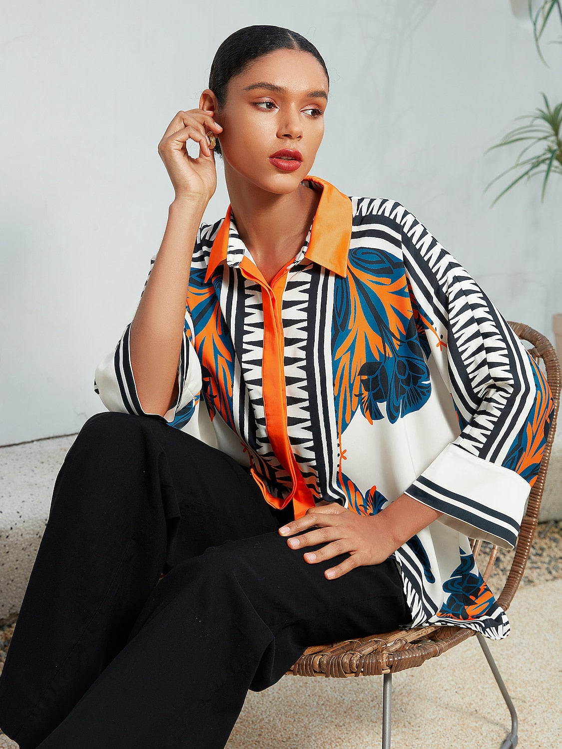 Satin Silk Shirt Block Printing Collar