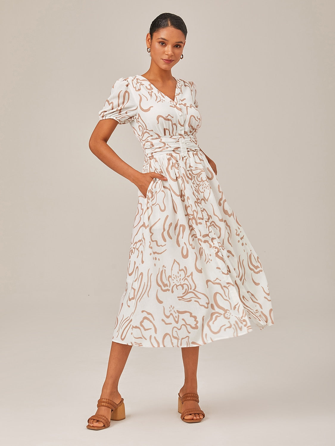 Abstract art print Linen-Like Fabric Waist-Cinching Maxi Dress