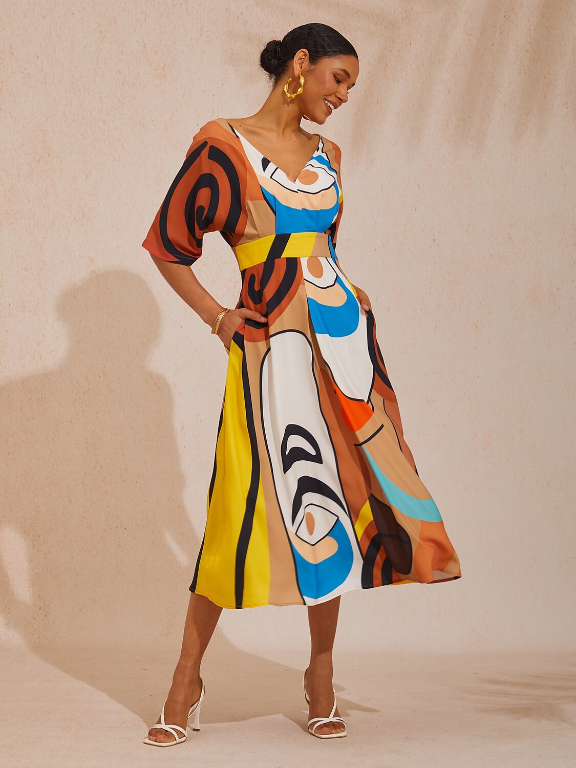 Vacation Abstract Geometric Color Block Waist Cinching Satin Maxi Dress