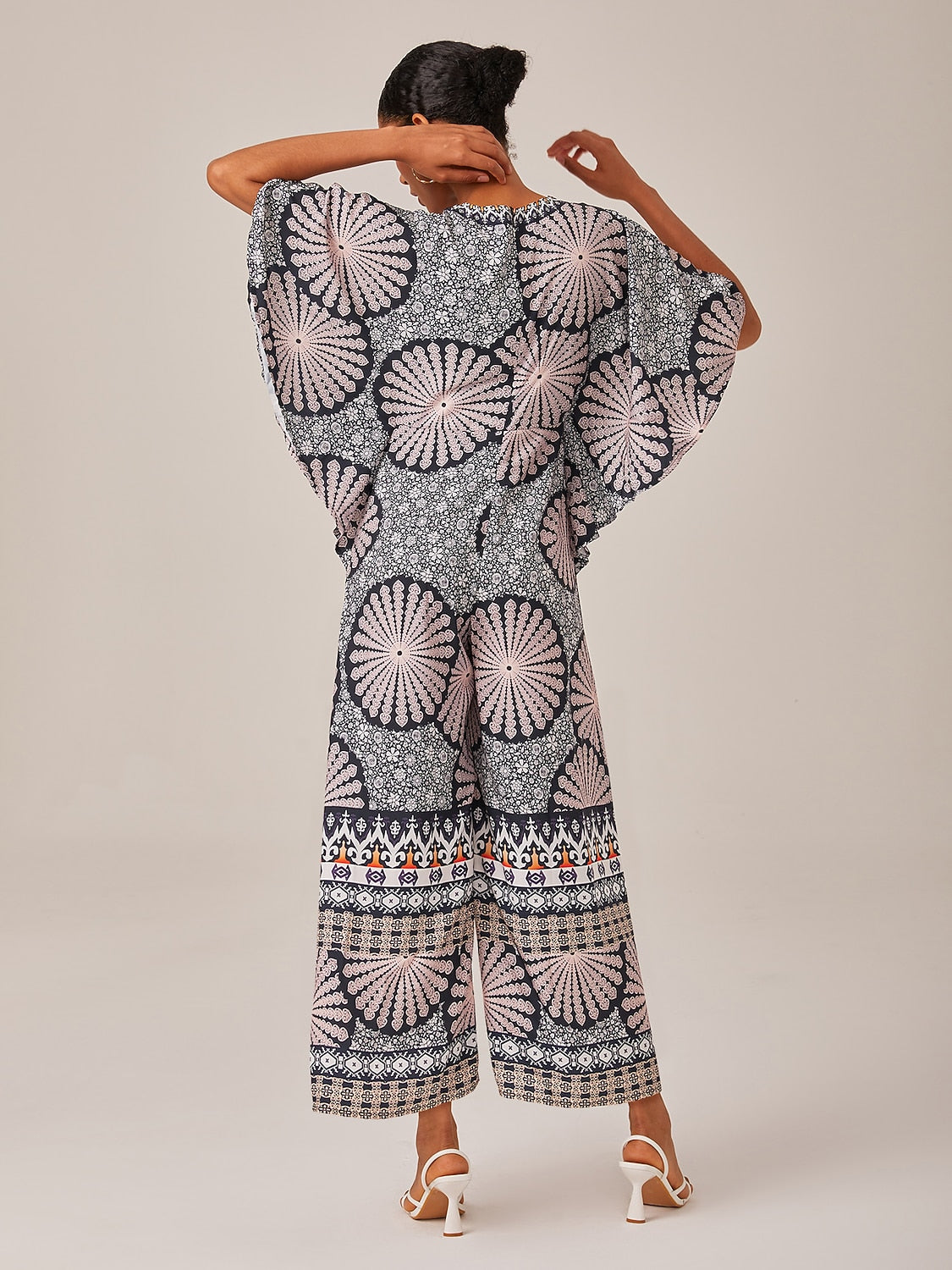 Satin Folk Print Magyar Deep umpsuit