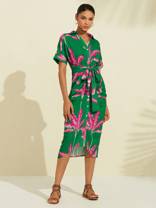 Print Shirred Midi Dress